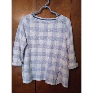 J. Jill Buffalo Check Relaxed Women's Tunic Sz S Petite Seaport Blue 3/4 Sleeve